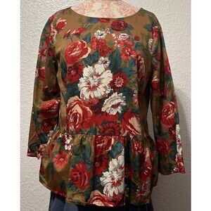 Brooks Brothers Blouse women 10 peplum floral top Red White Tan Cotton